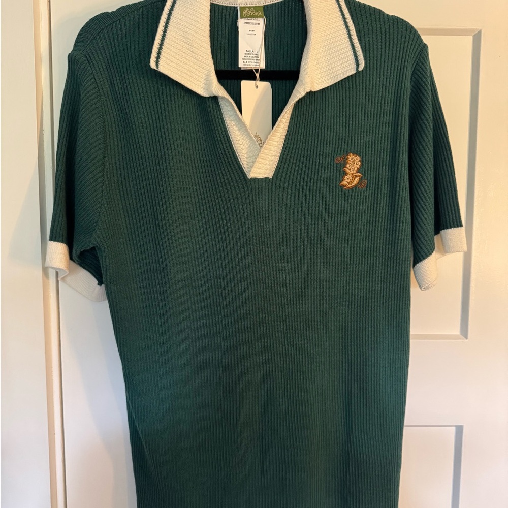 NWT Agua Bendita Men’s Large Ribbed Knit Polo Green White Cotton Resort Shirt